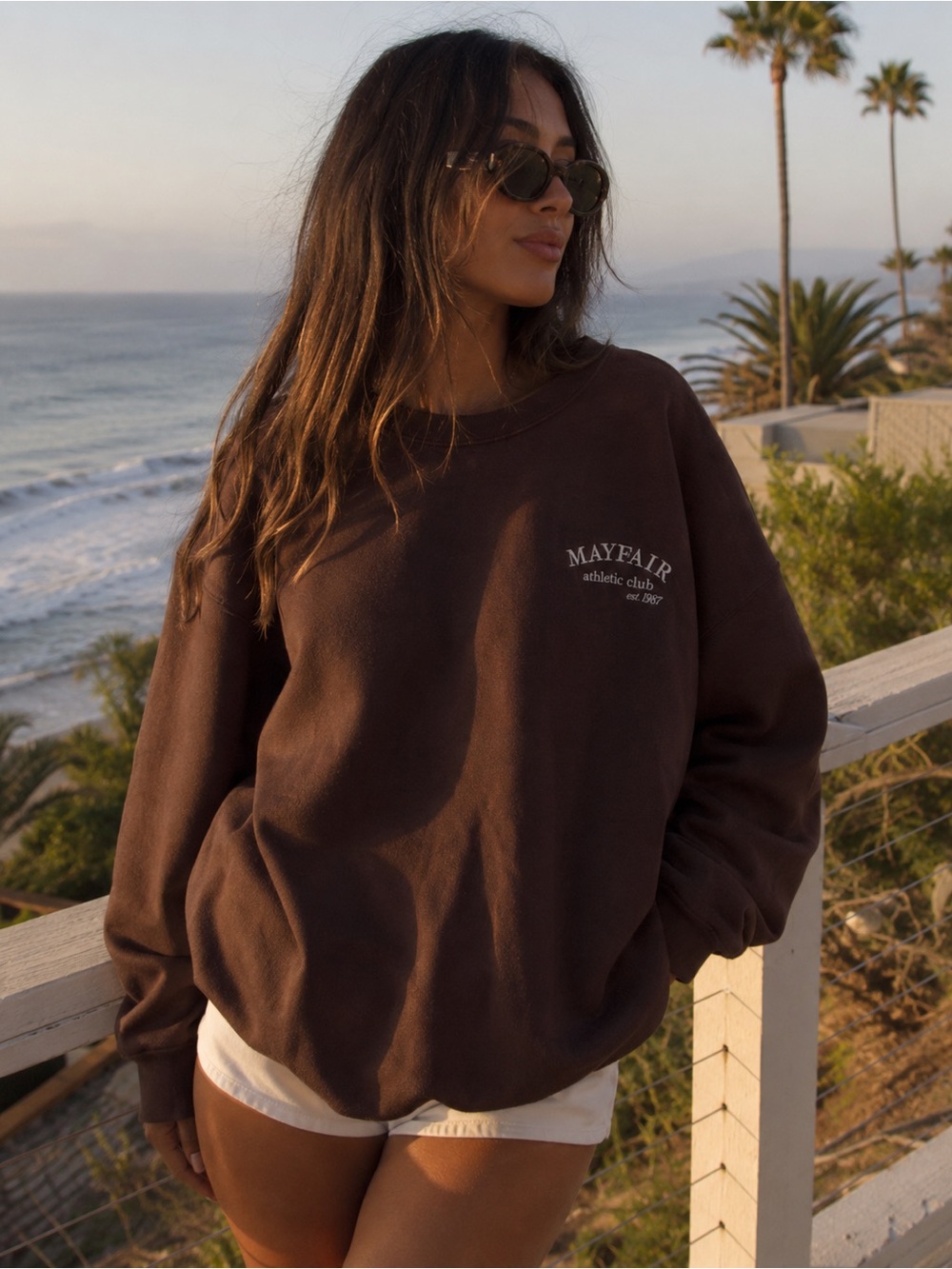 The Mayfair Group Oversized Brown Athletic Club Crewneck Sweatshirt Neutral NWOT